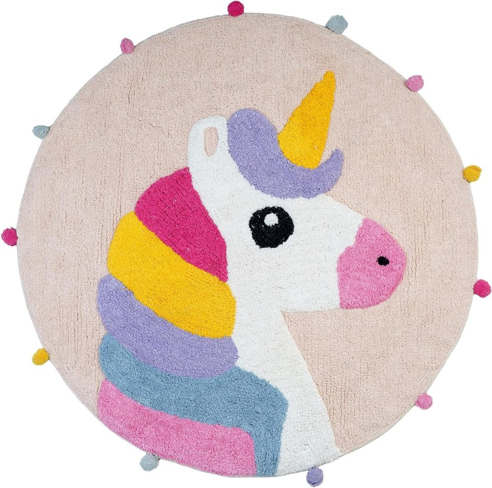 32" Pink And Yellow Cotton Unicorns Round Youthful Bath Rug — view 3
