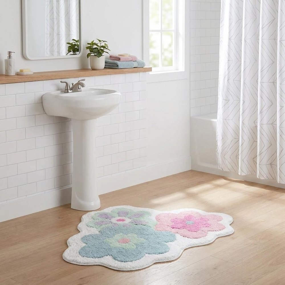 32" Pink And White Cotton Flowers Floral Bath Rug HomeRoots