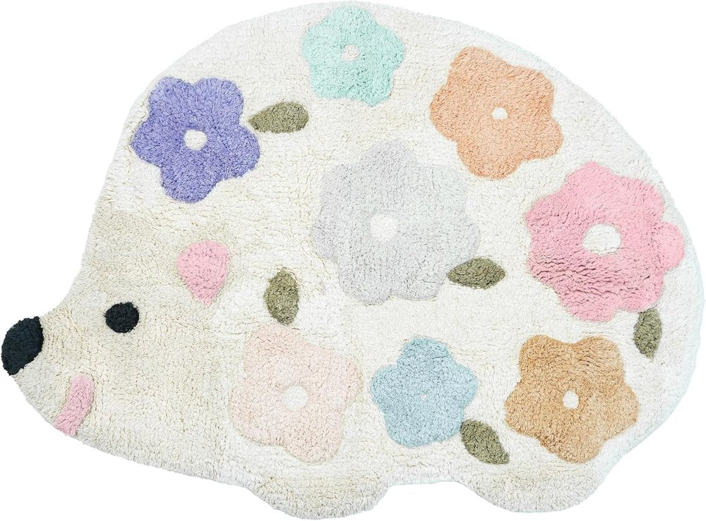 32" White Blue And Pink Cotton Hedgehog Floral Print Bath Rug HomeRoots