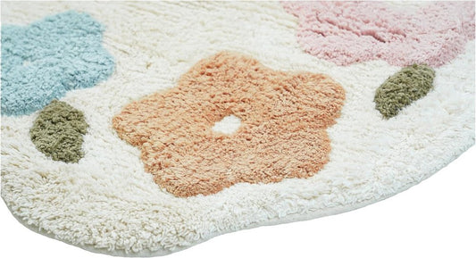 32" White Blue And Pink Cotton Hedgehog Floral Print Bath Rug
