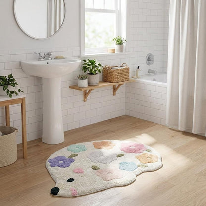 32" White Blue And Pink Cotton Hedgehog Floral Print Bath Rug HomeRoots