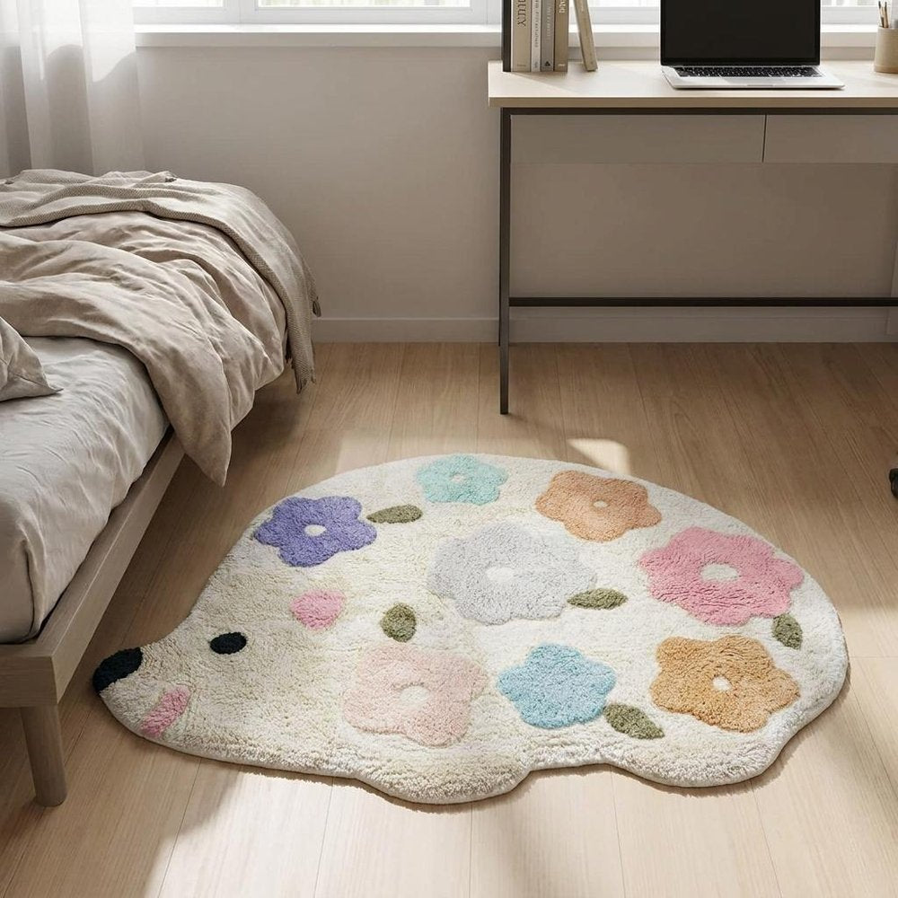 32" White Blue And Pink Cotton Hedgehog Floral Print Bath Rug HomeRoots