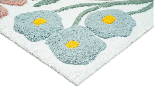 32" Light Blue Red And White Cotton Floral Bath Rug HomeRoots