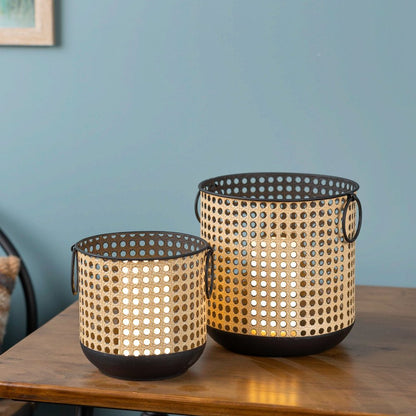 Set of Two Black And Brown Distressed Geometric Iron Tabletop Lantern Candle Holders HomeRoots