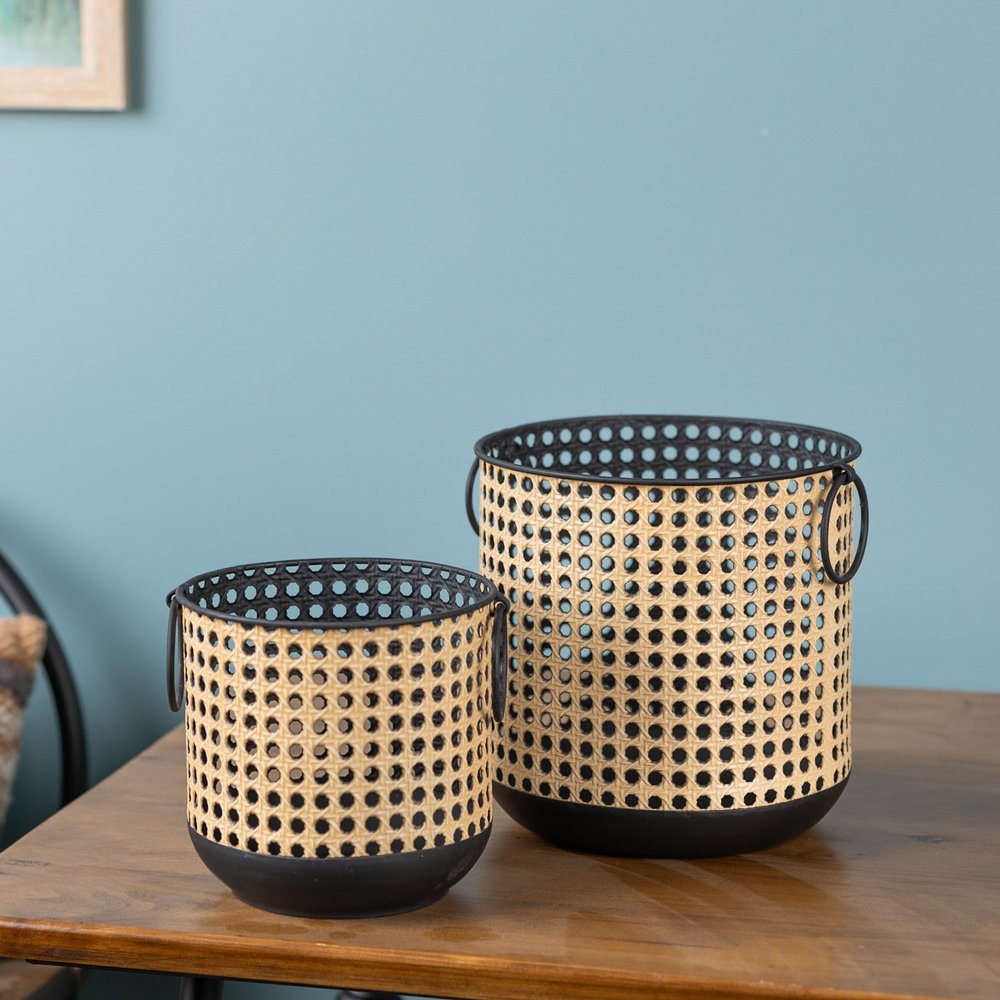 Set of Two Black And Brown Distressed Geometric Iron Tabletop Lantern Candle Holders HomeRoots