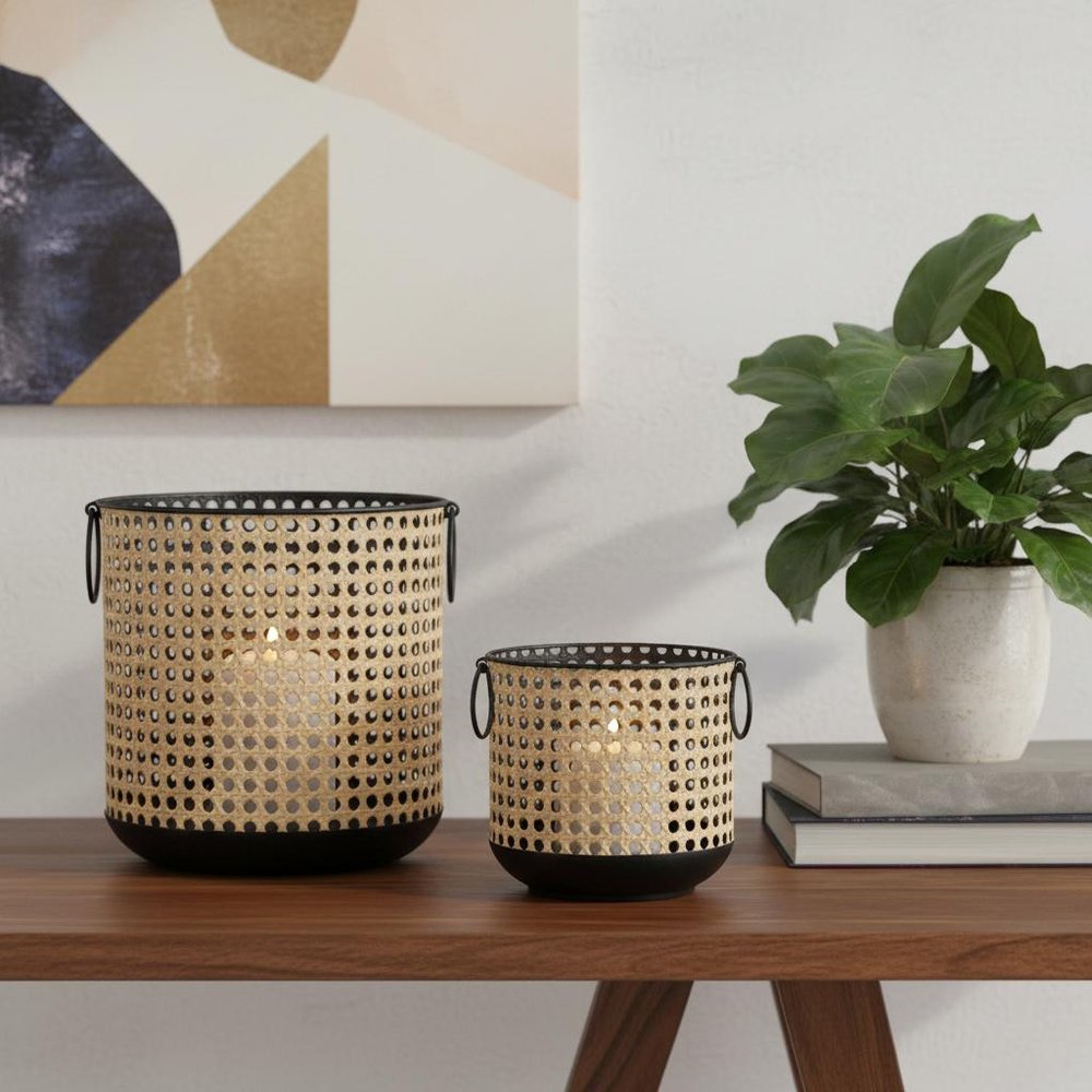 Set of Two Black And Brown Distressed Geometric Iron Tabletop Lantern Candle Holders HomeRoots