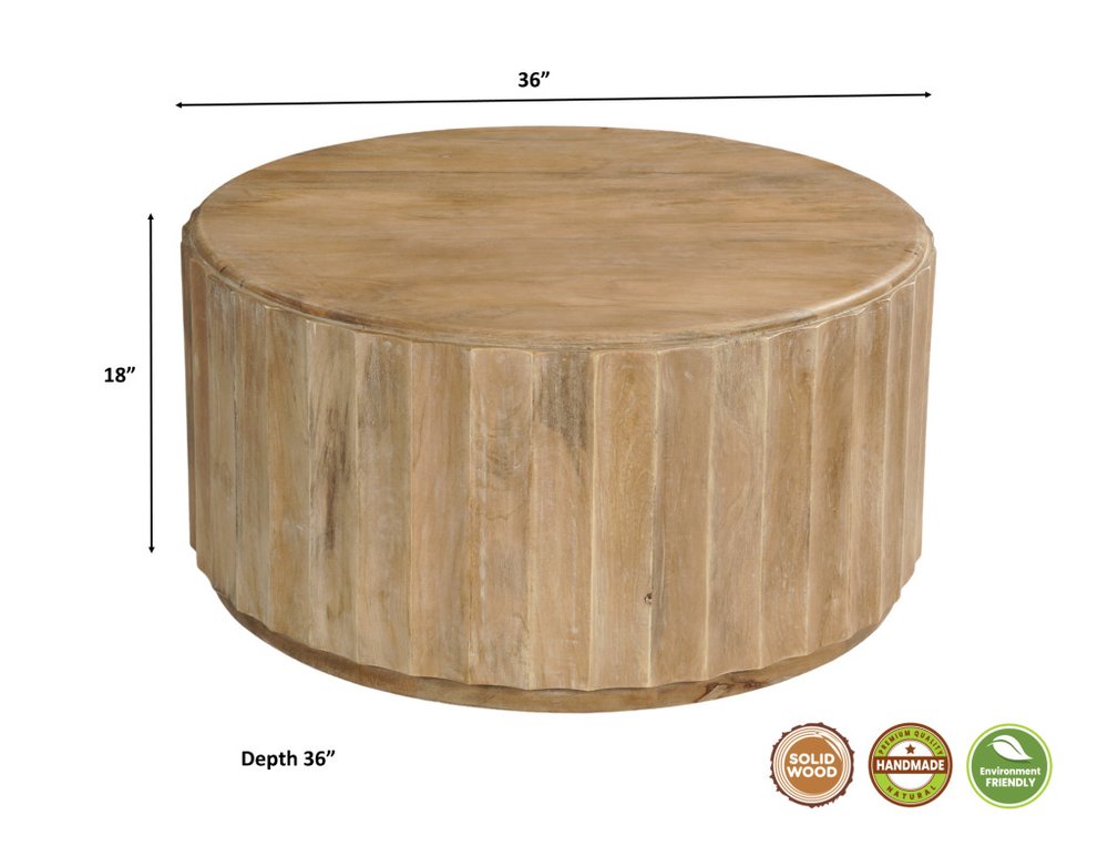 36" Brown Solid Wood Round Drum Coffee Table HomeRoots