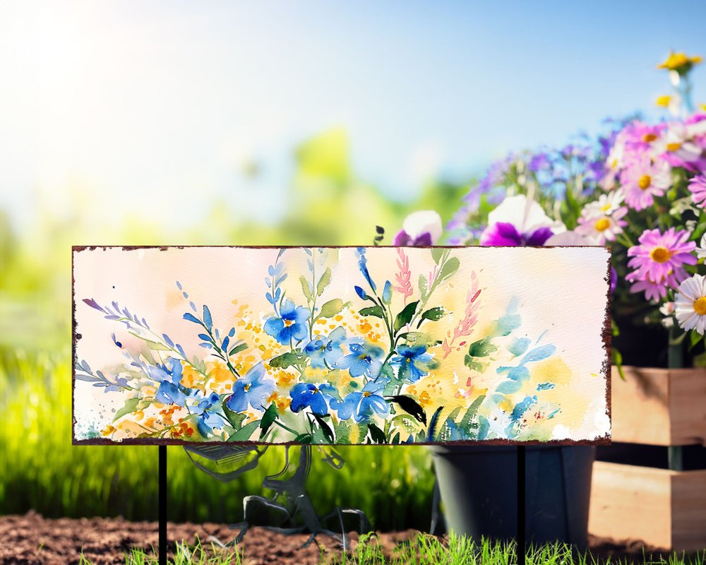 27" Blue White And Yellow Solid Wood Watercolor Floral Garden Stake HomeRoots