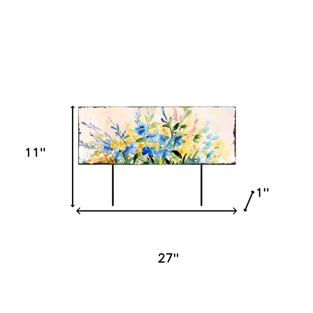 27" Blue White And Yellow Solid Wood Watercolor Floral Garden Stake HomeRoots