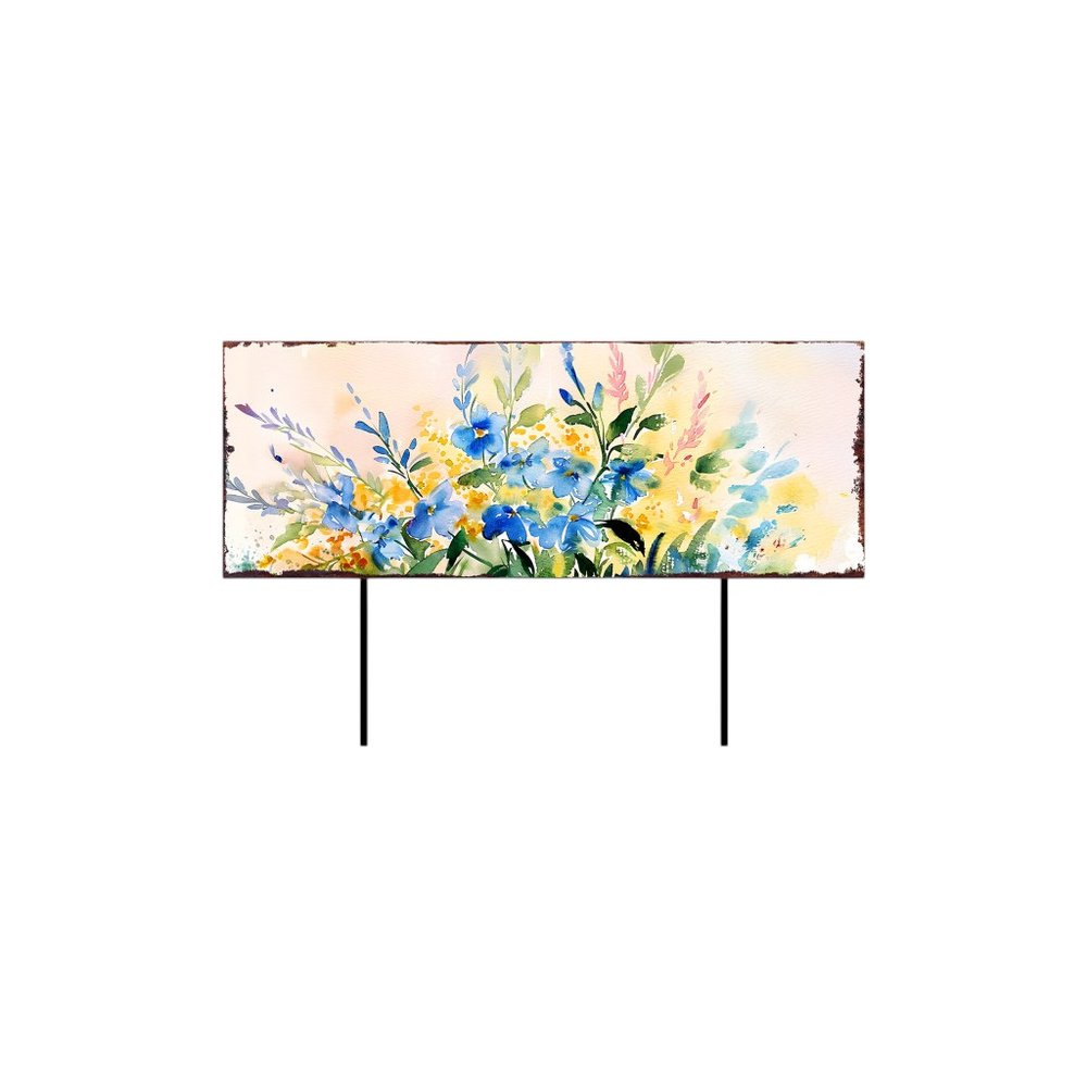 27" Blue White And Yellow Solid Wood Watercolor Floral Garden Stake HomeRoots