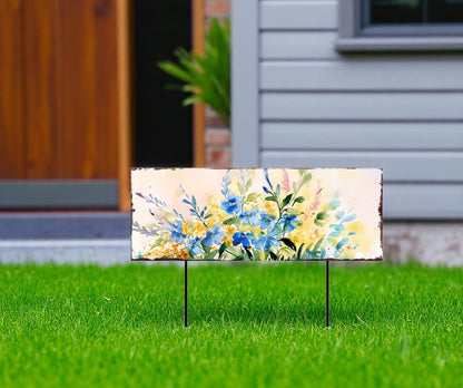 27" Blue White And Yellow Solid Wood Watercolor Floral Garden Stake HomeRoots