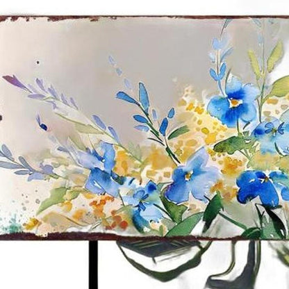 27" Blue White And Yellow Solid Wood Watercolor Floral Garden Stake HomeRoots