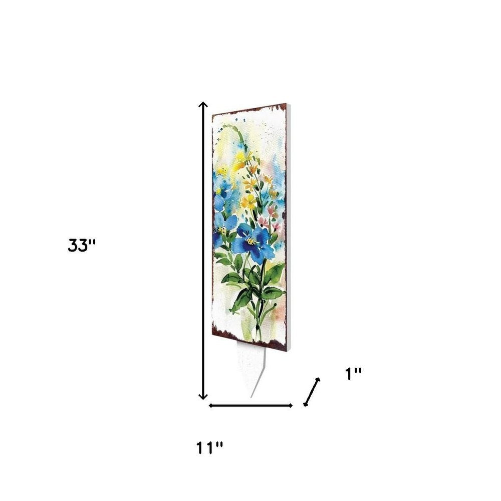 33" Blue White And Yellow Solid Wood Watercolor Floral Garden Stake HomeRoots