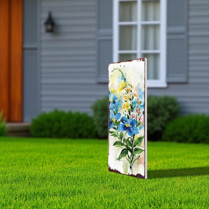 33" Blue White And Yellow Solid Wood Watercolor Floral Garden Stake HomeRoots