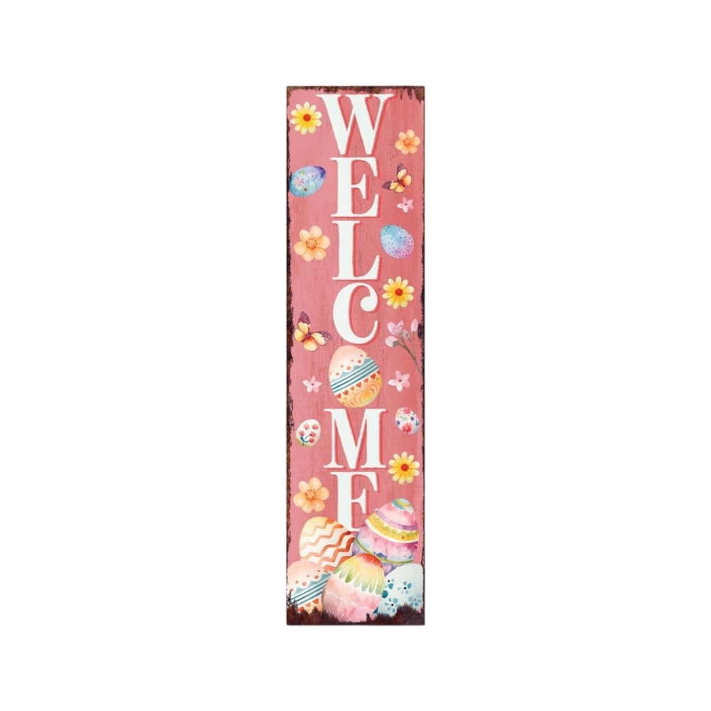 36" Pink White And Yellow Solid Wood Welcome Easter Easter Egg Porch Sign HomeRoots