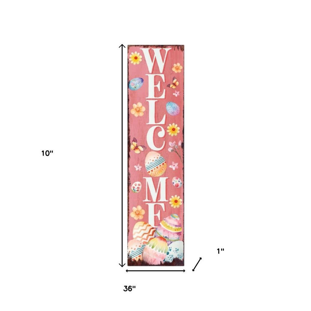 36" Pink White And Yellow Solid Wood Welcome Easter Easter Egg Porch Sign HomeRoots
