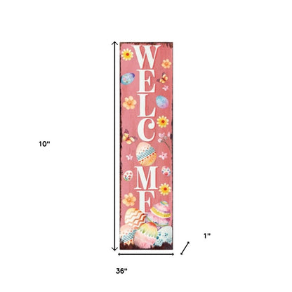36" Pink White And Yellow Solid Wood Welcome Easter Easter Egg Porch Sign HomeRoots