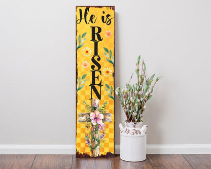36" Yellow And Black Solid Wood He is Risen Easter Wreath Porch Sign HomeRoots