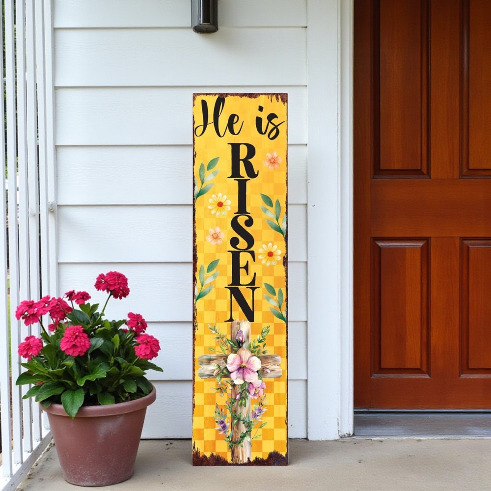 36" Yellow And Black Solid Wood He is Risen Easter Wreath Porch Sign HomeRoots