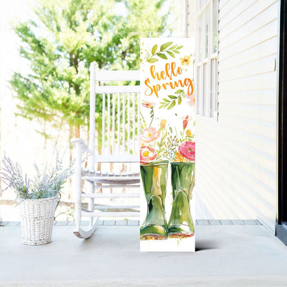 36" White Green And Pink Solid Wood Floral Bouquet Hello Spring Porch Sign HomeRoots