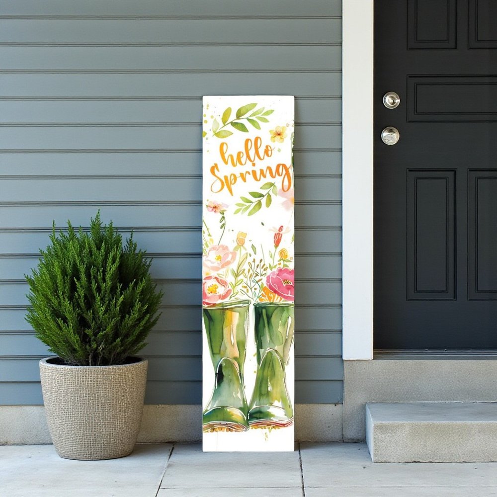 36" White Green And Pink Solid Wood Floral Bouquet Hello Spring Porch Sign HomeRoots