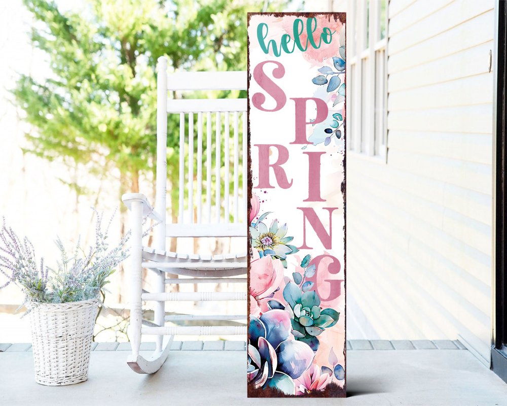 36" White Pink And Blue Solid Wood Floral Bouquet Hello Spring Porch Sign HomeRoots