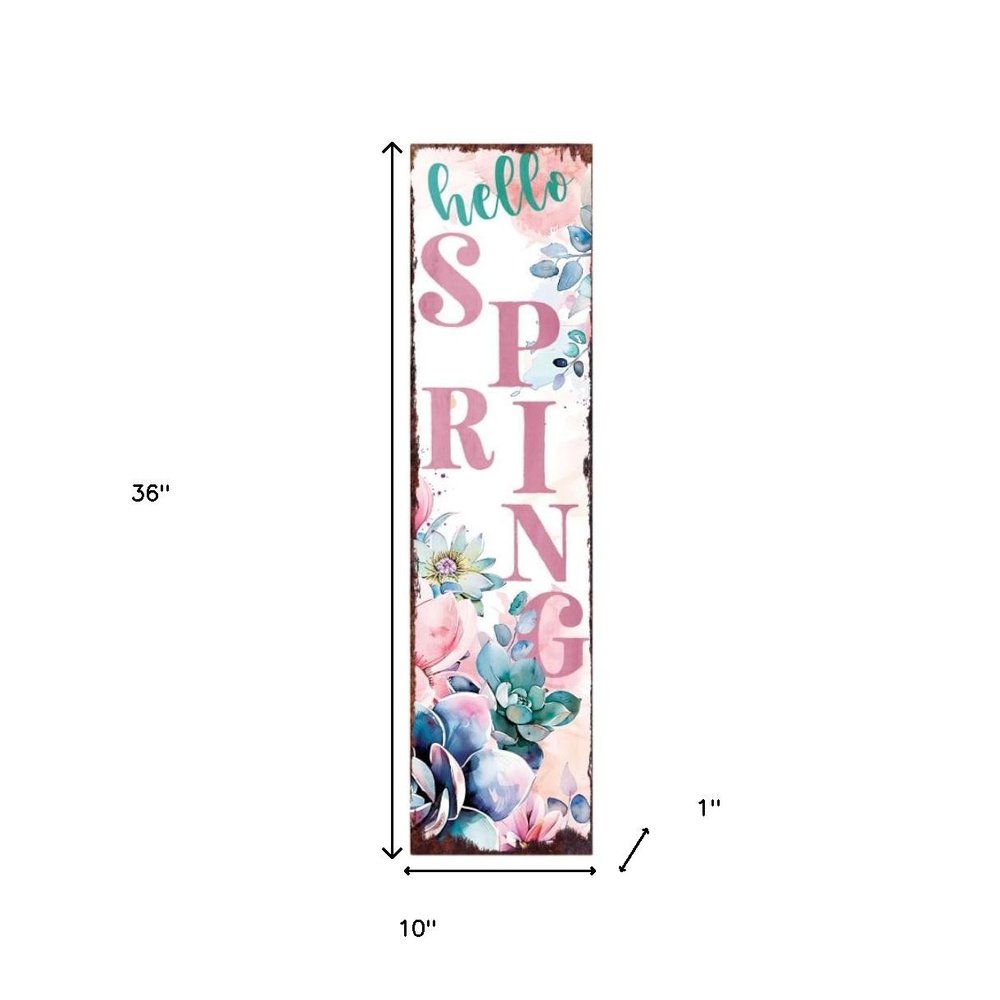 36" White Pink And Blue Solid Wood Floral Bouquet Hello Spring Porch Sign HomeRoots