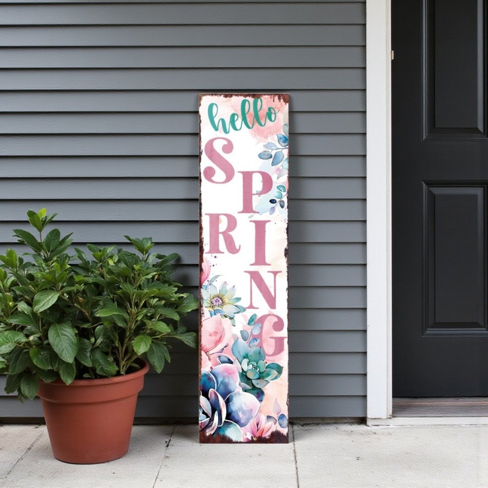 36" White Pink And Blue Solid Wood Floral Bouquet Hello Spring Porch Sign HomeRoots