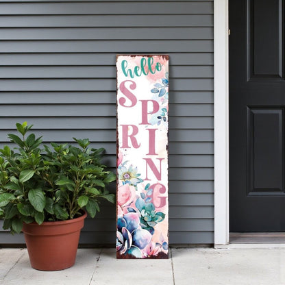 36" White Pink And Blue Solid Wood Floral Bouquet Hello Spring Porch Sign HomeRoots