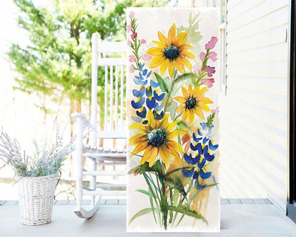 36"White  Blue Green And Yellow Solid Wood Sunflowers Porch Sign HomeRoots