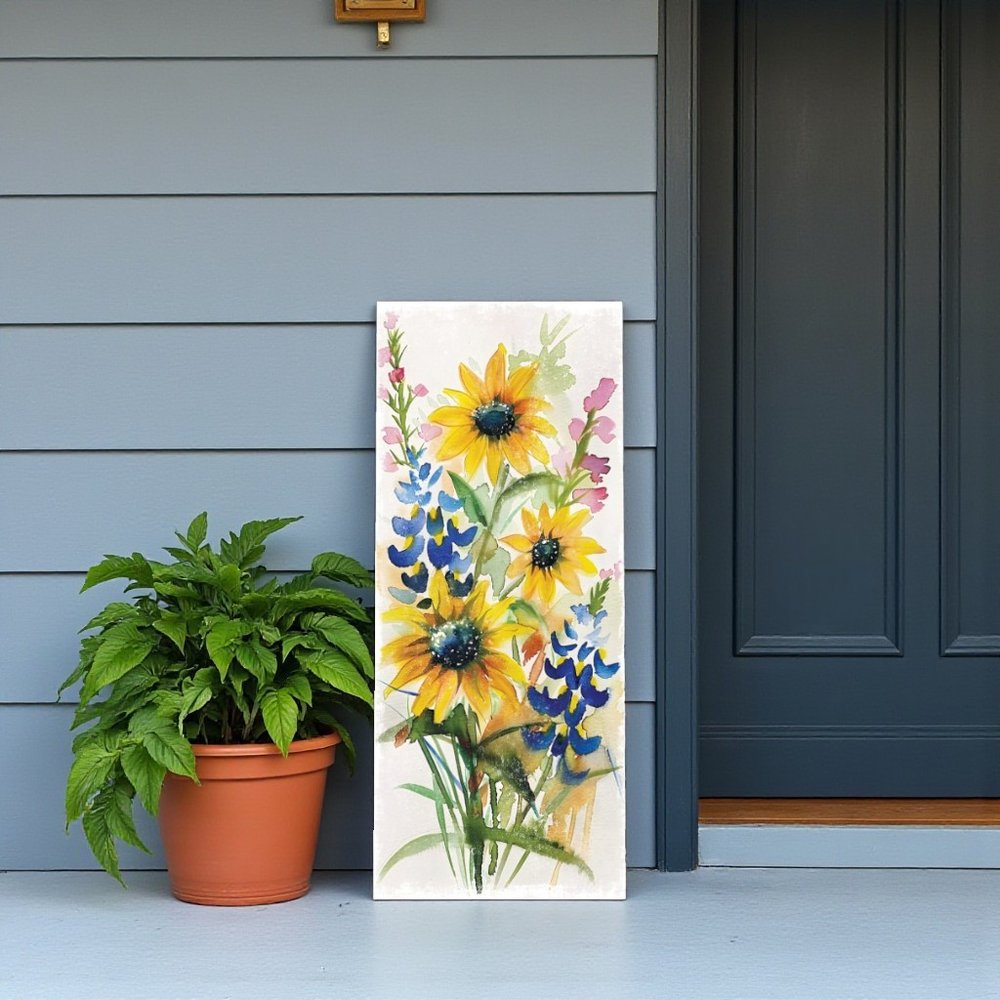 36"White  Blue Green And Yellow Solid Wood Sunflowers Porch Sign HomeRoots