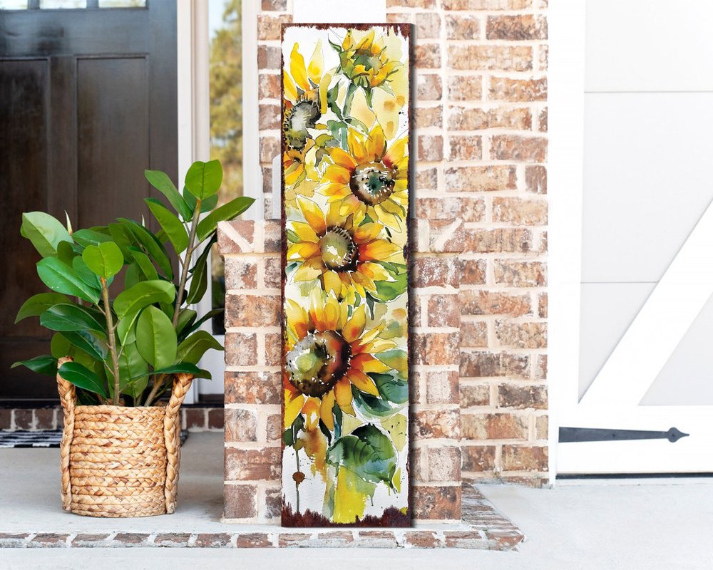 36" White Yellow And Green Sunflowers Solid Wood Porch Sign HomeRoots
