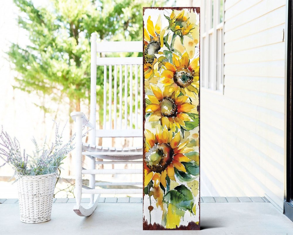 36" White Yellow And Green Sunflowers Solid Wood Porch Sign HomeRoots