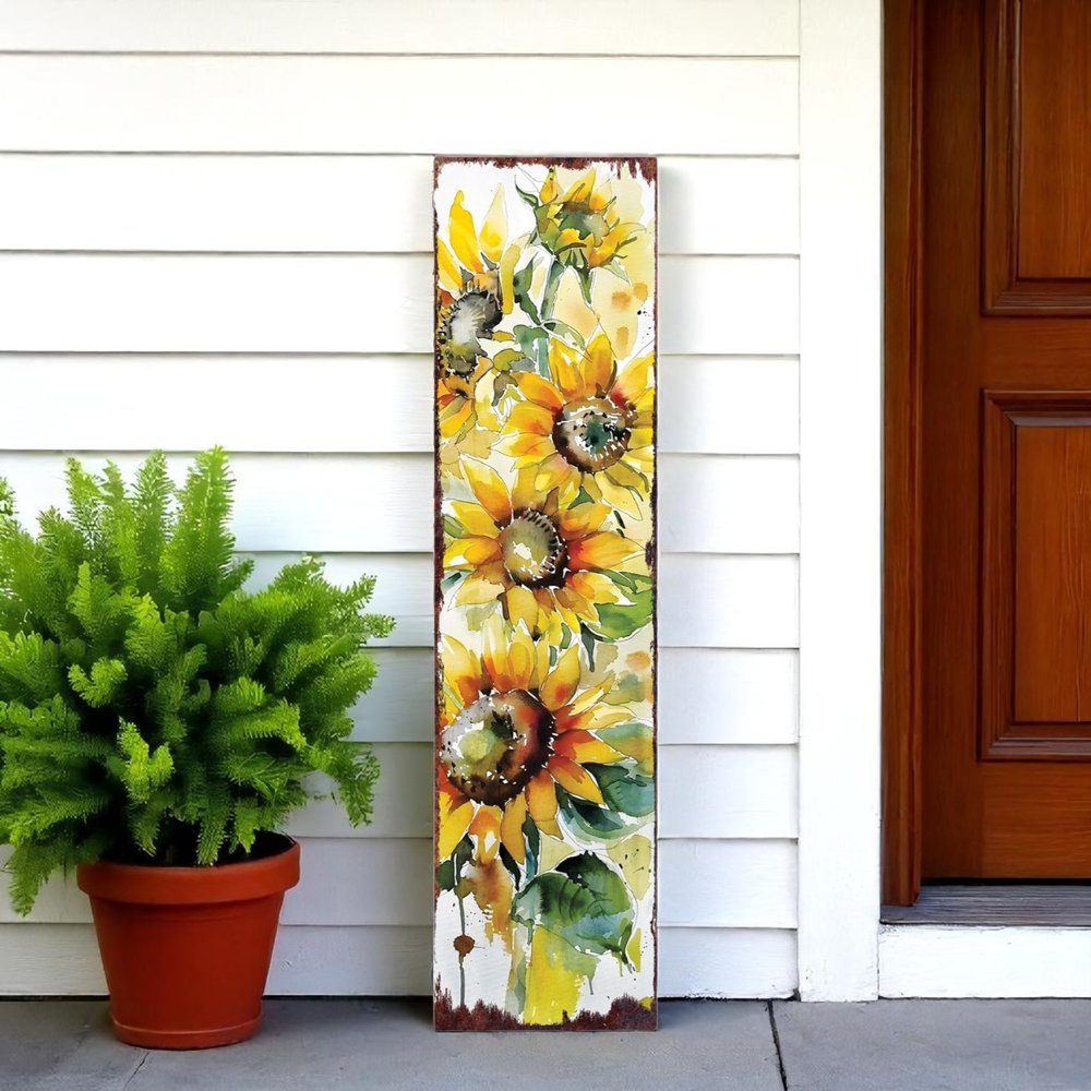 36" White Yellow And Green Sunflowers Solid Wood Porch Sign HomeRoots