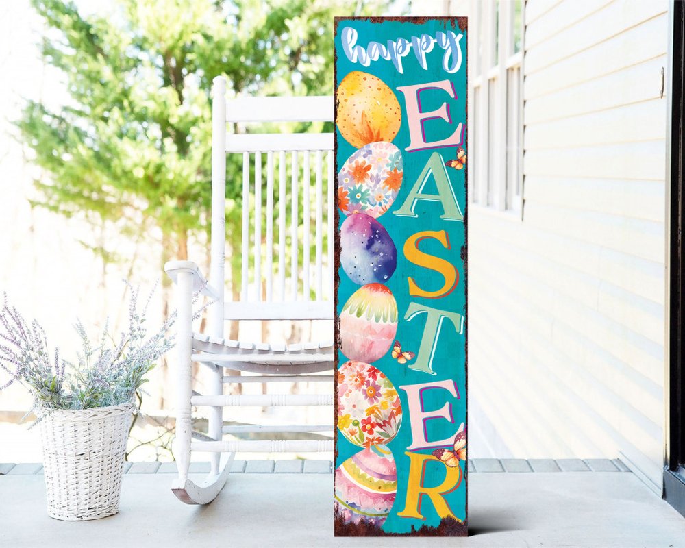 36" Turquoise Pink And Yellow Solid Wood Happy Easter Easter Easter Egg Porch Sign HomeRoots