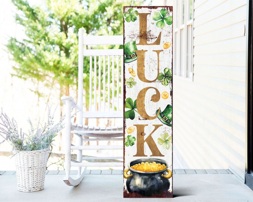 36" White Gold And Green Solid Wood Luck St Patrick's Day Porch Sign HomeRoots