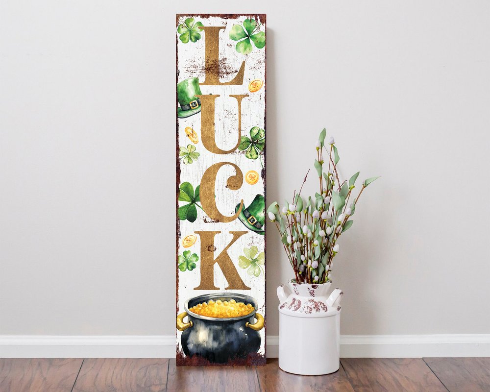 36" White Gold And Green Solid Wood Luck St Patrick's Day Porch Sign HomeRoots