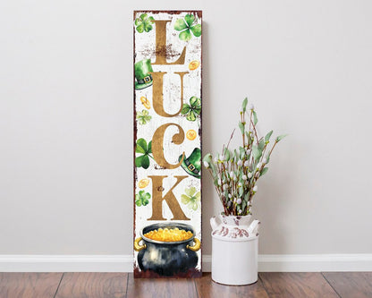 36" White Gold And Green Solid Wood Luck St Patrick's Day Porch Sign HomeRoots