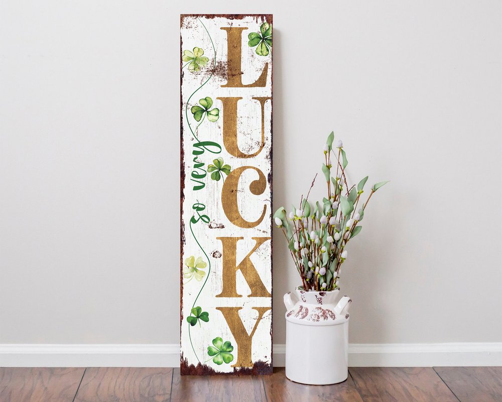 36" White Gold And Green Solid Wood So Very Lucky Porch Sign HomeRoots