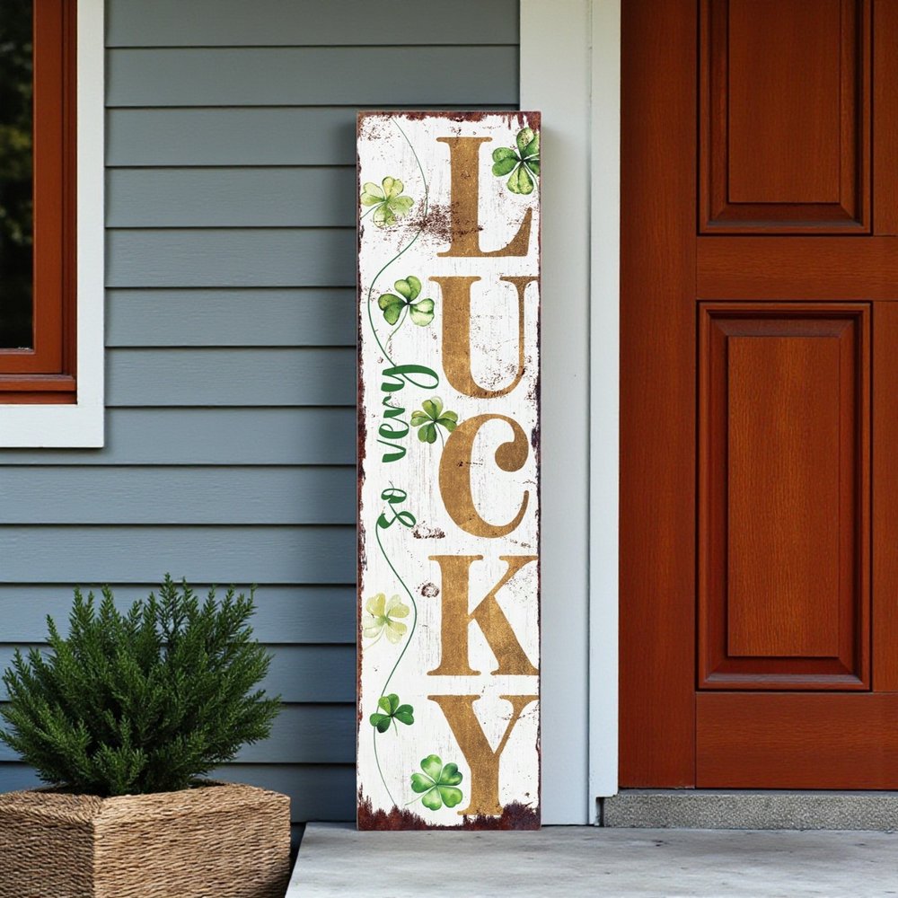 36" White Gold And Green Solid Wood So Very Lucky Porch Sign HomeRoots