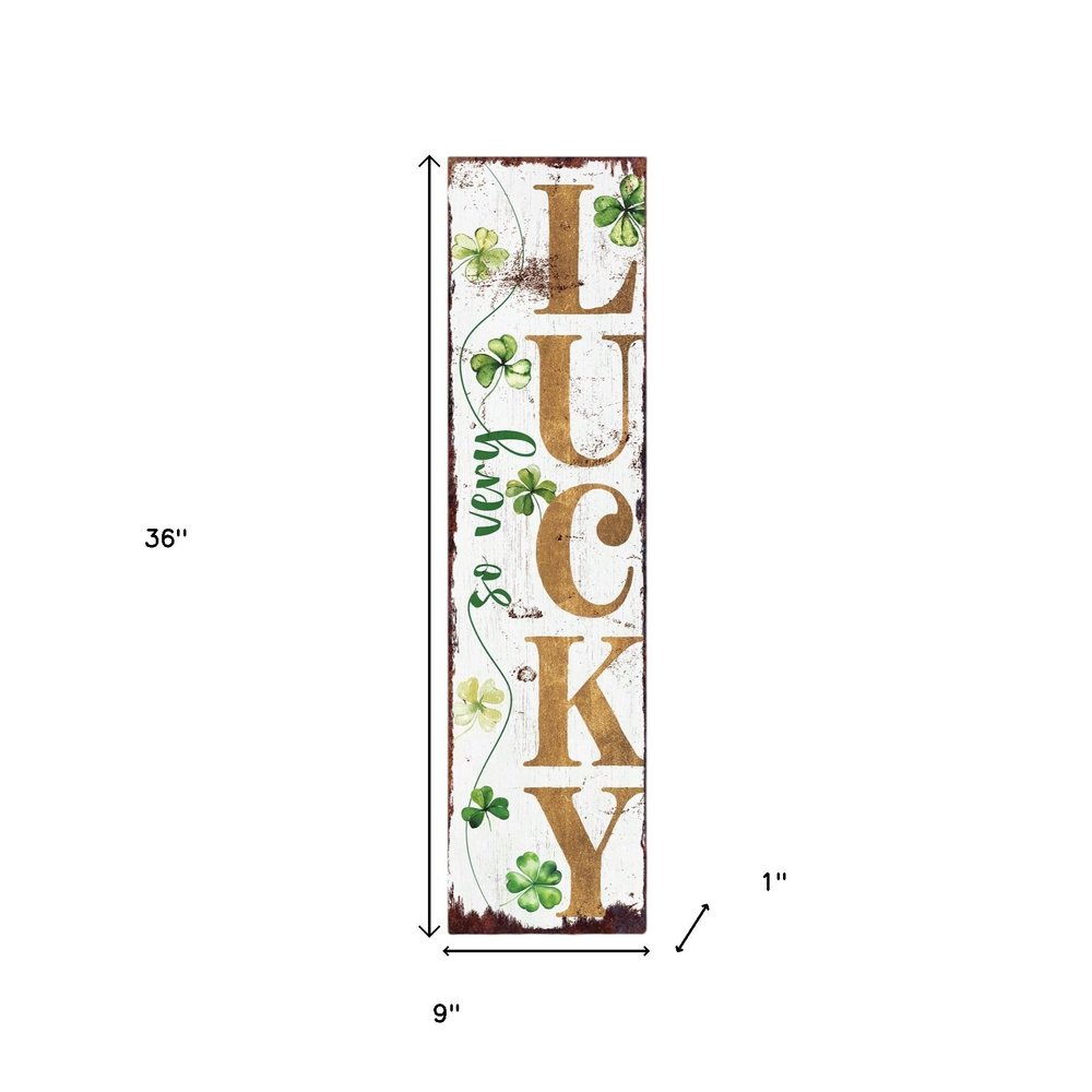 36" White Gold And Green Solid Wood So Very Lucky Porch Sign HomeRoots