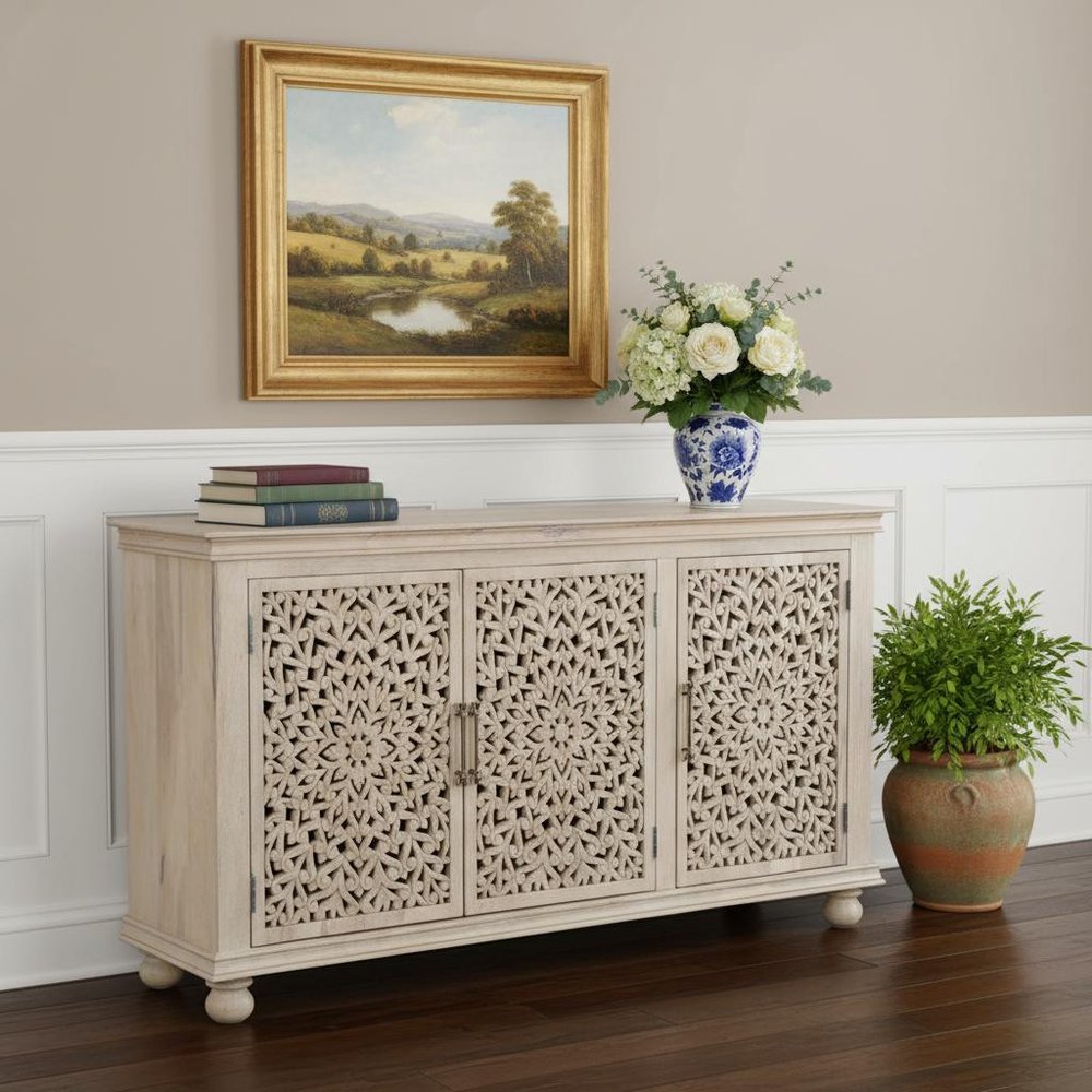 72" White Solid Wood Carved Floral Sideboard With Three Doors HomeRoots