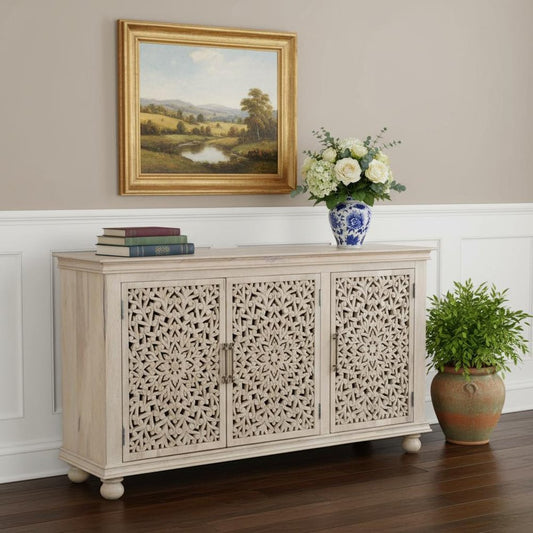 72" White Solid Wood Carved Floral Sideboard With Three Doors HomeRoots