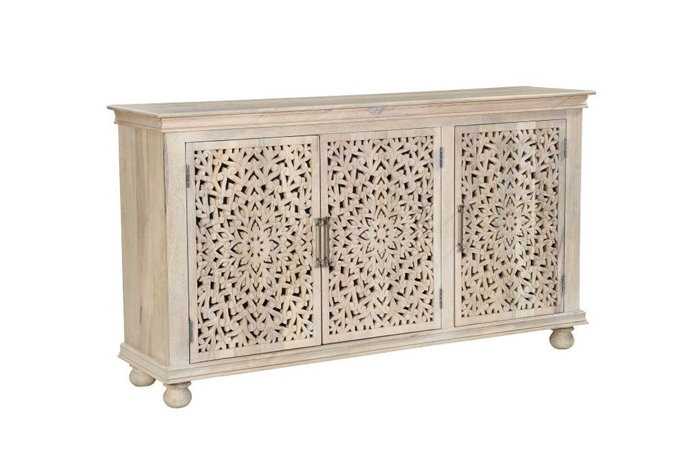 72" White Solid Wood Carved Floral Sideboard With Three Doors HomeRoots