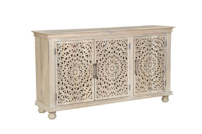 72" White Solid Wood Carved Floral Sideboard With Three Doors HomeRoots