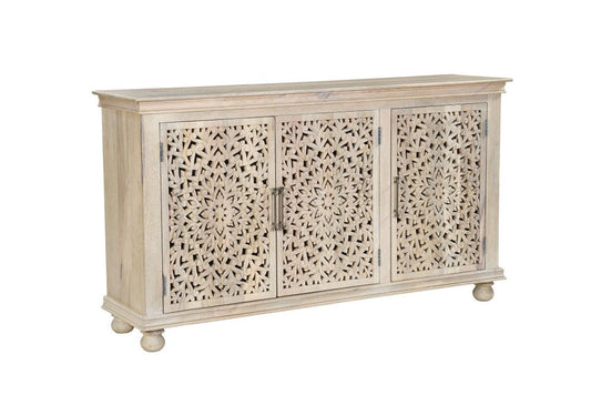 72" White Solid Wood Carved Floral Sideboard With Three Doors