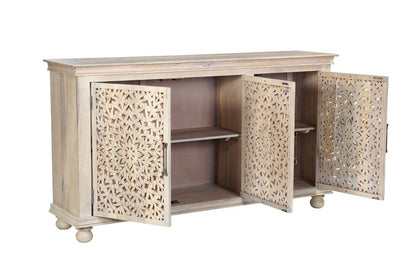 72" White Solid Wood Carved Floral Sideboard With Three Doors HomeRoots
