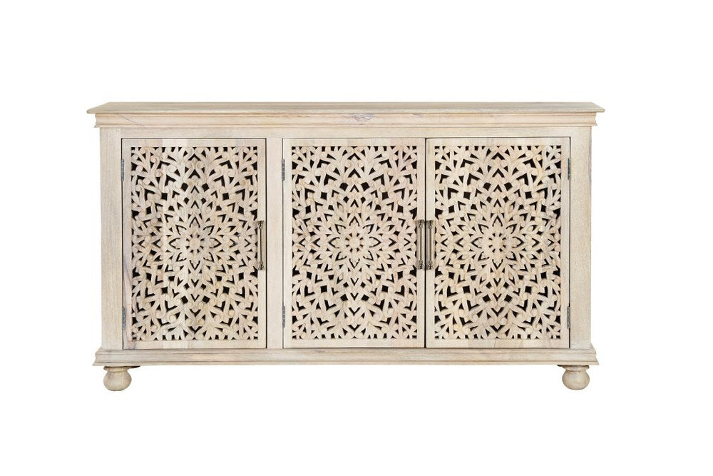 72" White Solid Wood Carved Floral Sideboard With Three Doors HomeRoots