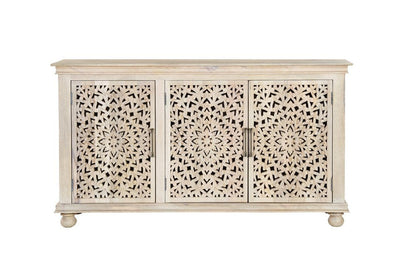 72" White Solid Wood Carved Floral Sideboard With Three Doors HomeRoots