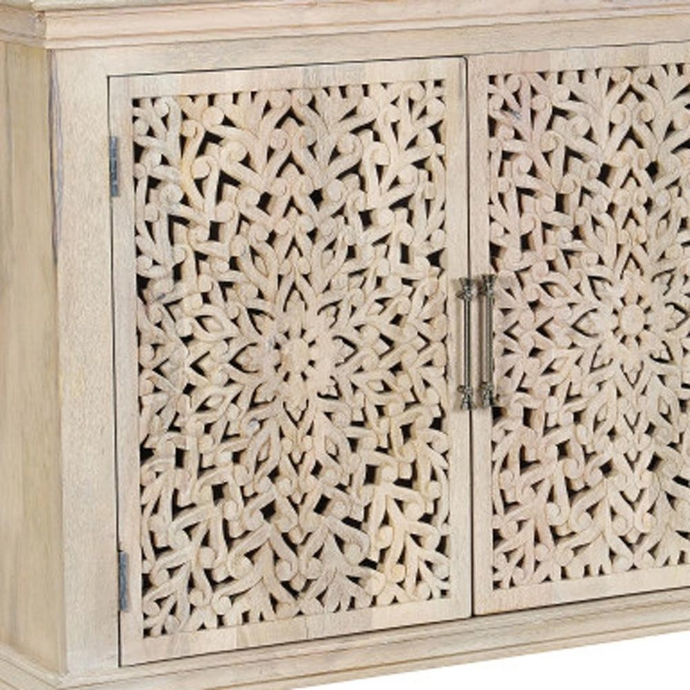 72" White Solid Wood Carved Floral Sideboard With Three Doors HomeRoots
